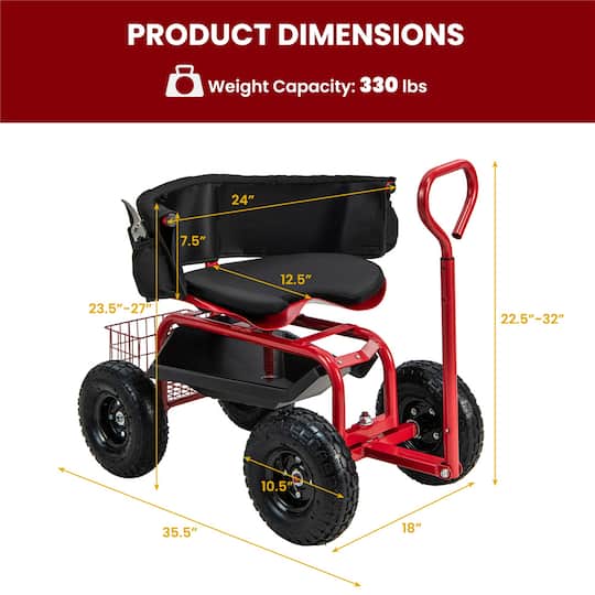 Costway Height-Adjustable Rolling Garden Cart Scooter with Swivel Seat